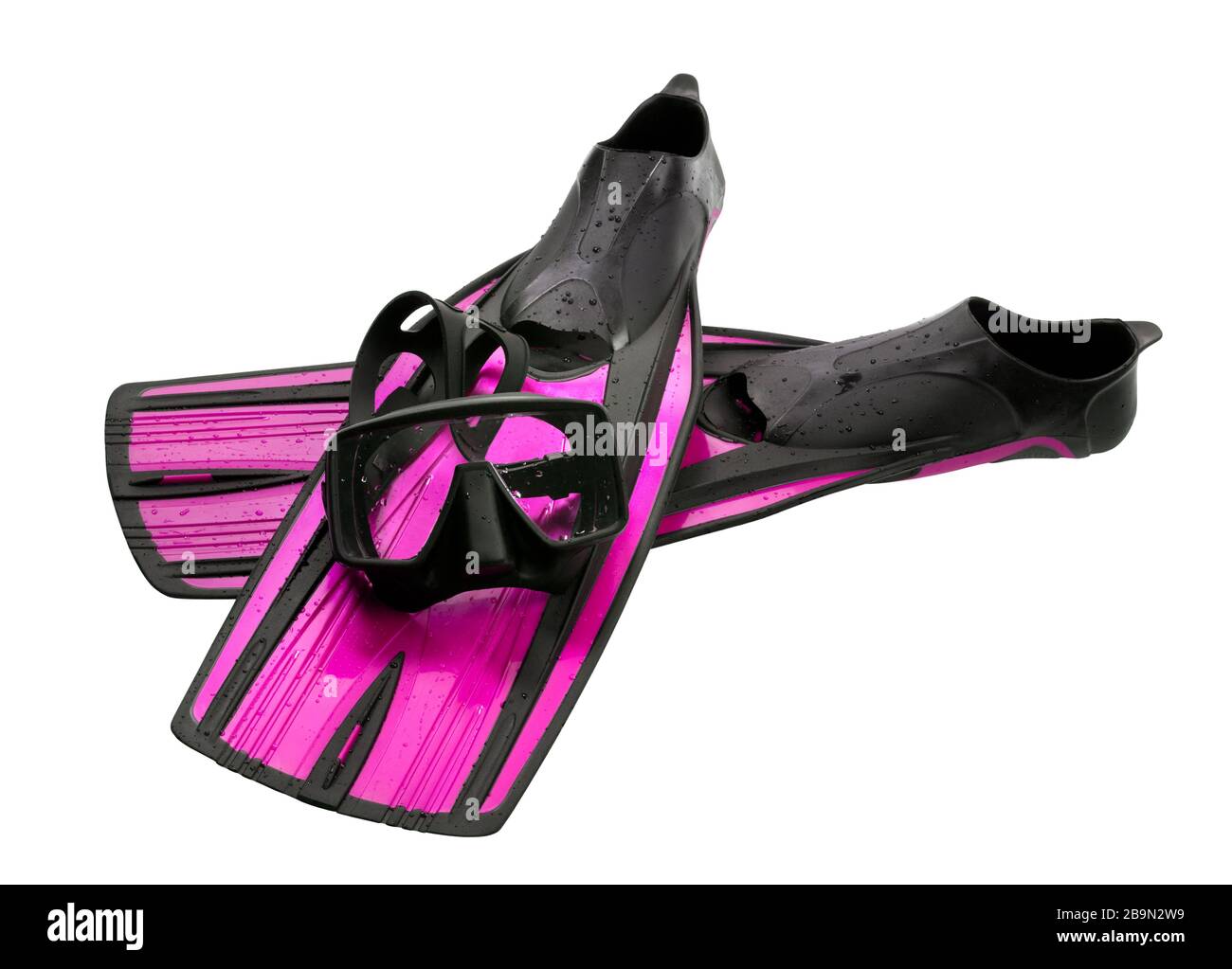 Diving mask, pink flippers with water drops isolated on white