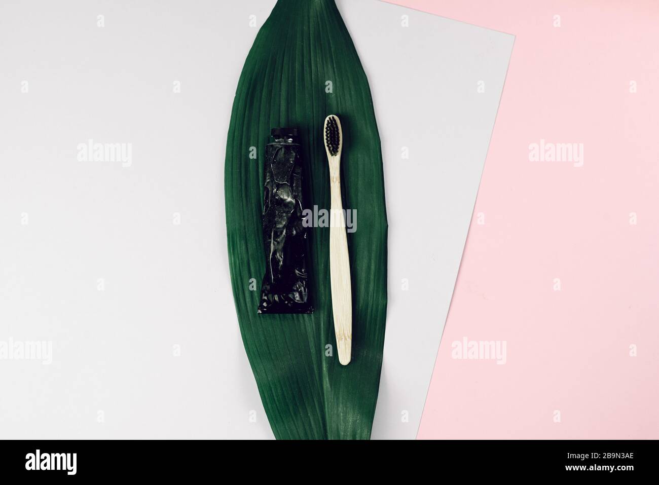 Bamboo wooden brush and toothpaste in a metal tube on a natural palm ...