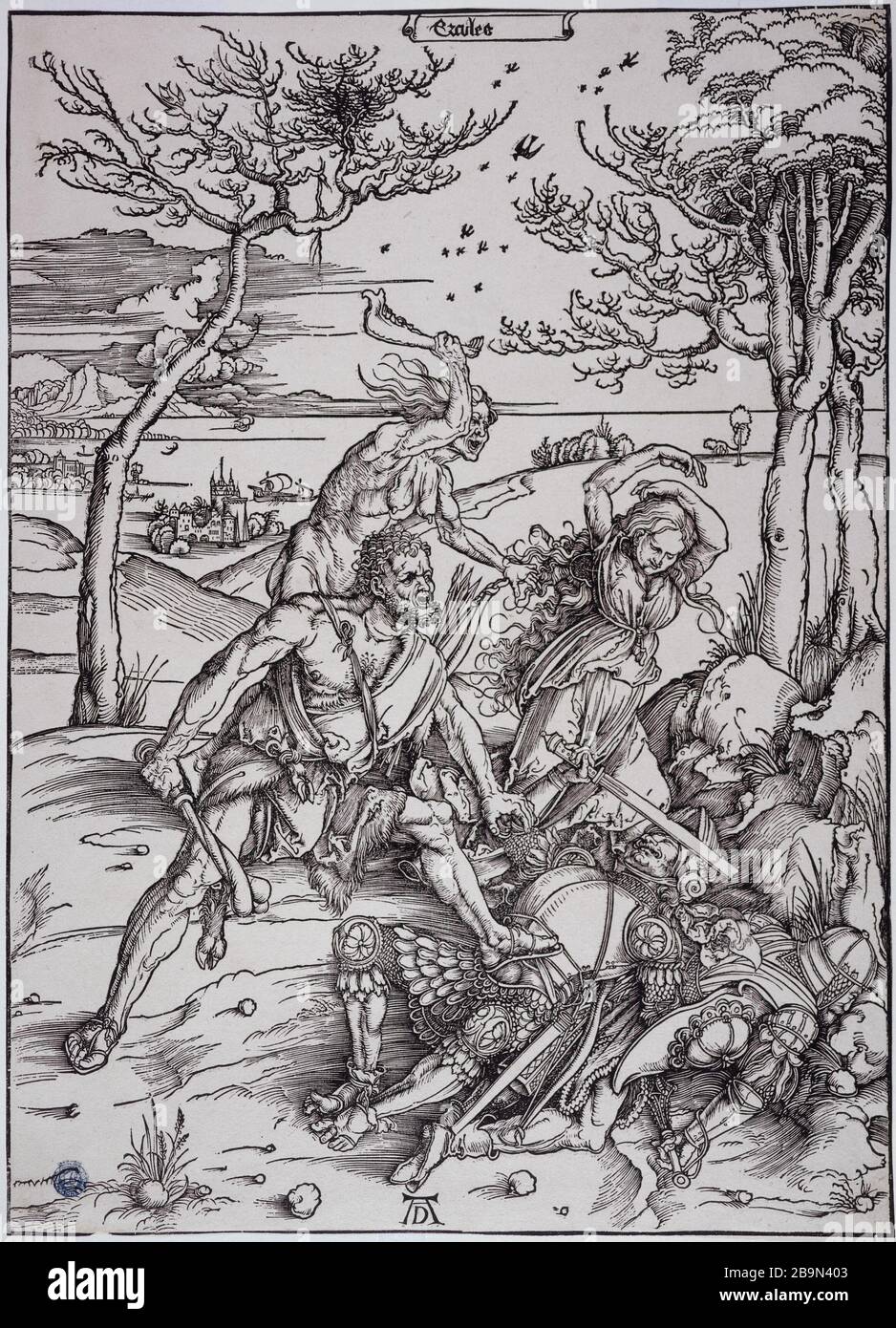 WINNER Cacus HERCULES BARSCH B127 Albrecht Dürer (1471-1528). 'Hercule vainqueur de Cacus ; Barsch B127'. Gravure sur bois, vers 1496. Musée des Beaux-Arts de la Ville de Paris, Petit Palais. Stock Photo