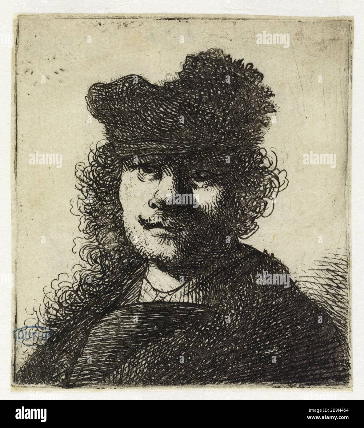 Rembrandt with a cap and a dark coat: bust (Bartsch 6) Rembrandt  Harmenszoon van Rijn (1606-1669), peintre hollandais. Rembrandt avec une  casquette et un manteau sombre : buste (Bartsch 6). Eau-forte et