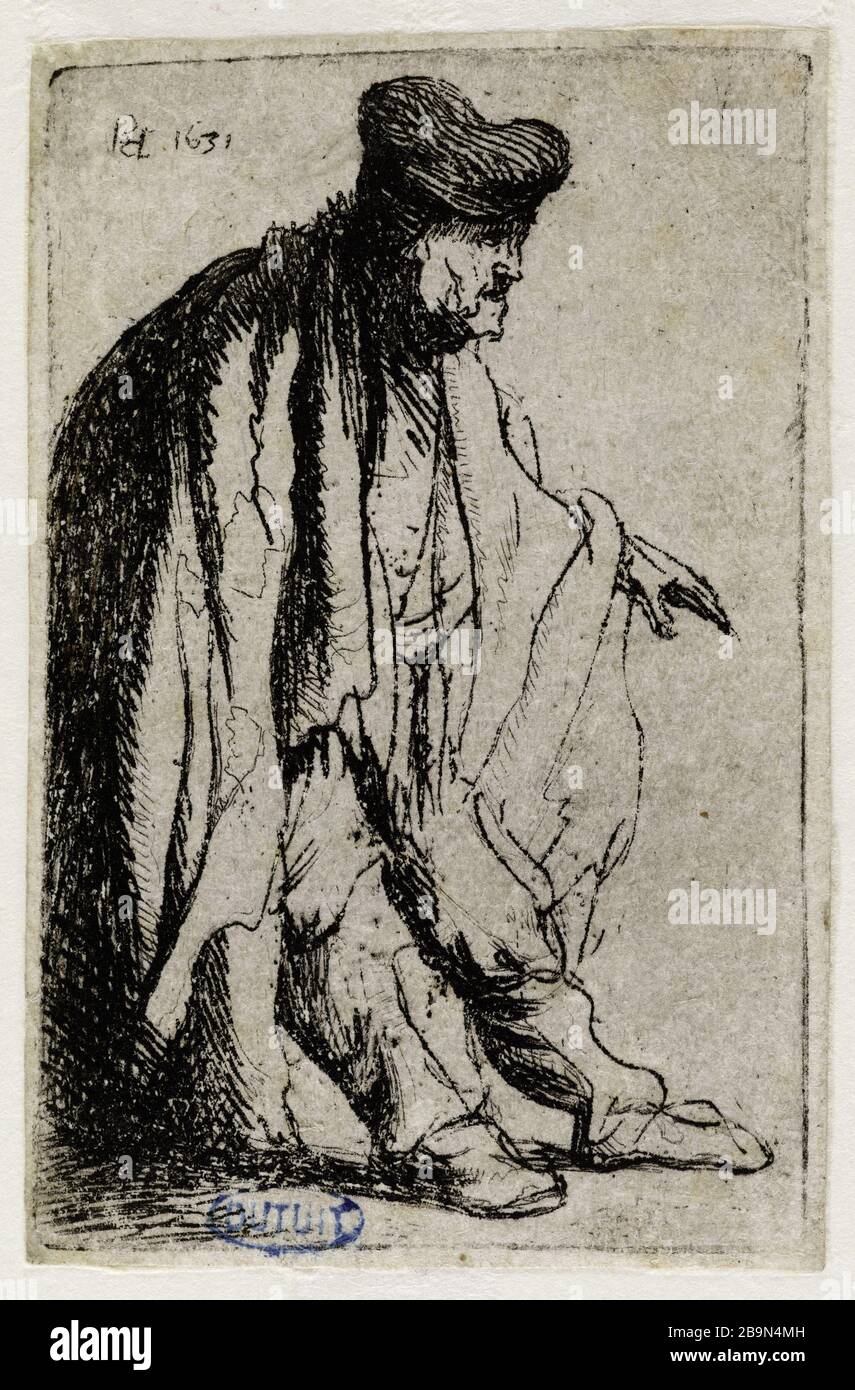 Old beardless, the extended left hand (Bartsch 150) Rembrandt Harmenszoon  van Rijn (1606-1669), peintre hollandais. Vieillard sans barbe, la main  gauche étendue (Bartsch 150). Eau-forte sur papier européen, 1631. Musée  des Beaux-Arts, image size:855x1390