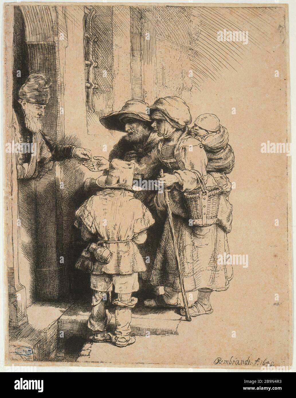 RECEIVING THE BEGGARS CHARITY AT THE DOOR OF A HOUSE Harmensz Van Rijn Rembrandt (1606-1669). 'Mendiants recevant l'aumône à la porte d'une maison' (B176 - 1er état). Eau-forte, 1648. Musée des Beaux-Arts de la Ville de Paris, Petit Palais. Stock Photo