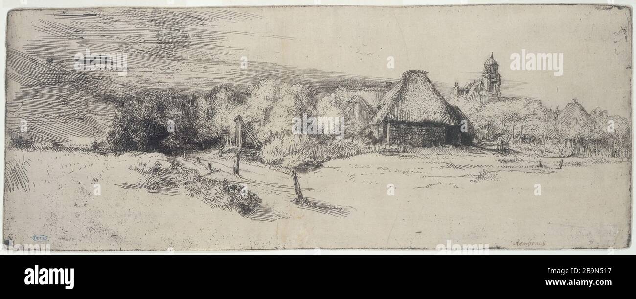 GRAND TOWER LANDSCAPE Harmensz Van Rijn Rembrandt (1606-1669). 'Le grand paysage à la tour (B 223 - 1er état), eau-forte, vers 1651. Musée des Beaux-Arts de la Ville de Paris, Petit Palais. Stock Photo