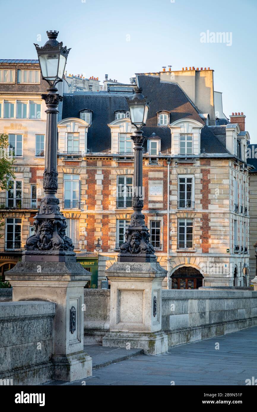 Dappled early morning sunlight on the buildings of Ile-de-la-Cite, Paris, France Stock Photo