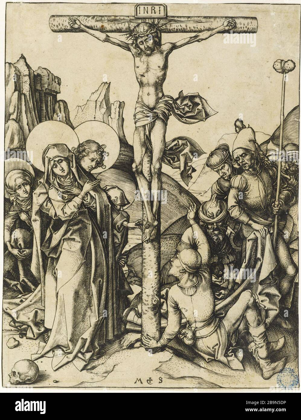 Crucifixion with jacks playing dice (Bartsch 24) Martin Schongauer (vers 1450-1495). La Crucifixion avec les valets jouant aux dés (Bartsch 24). Gravure (burin), 1475-1480. Musée des Beaux-Arts de la Ville de Paris, Petit Palais. Stock Photo