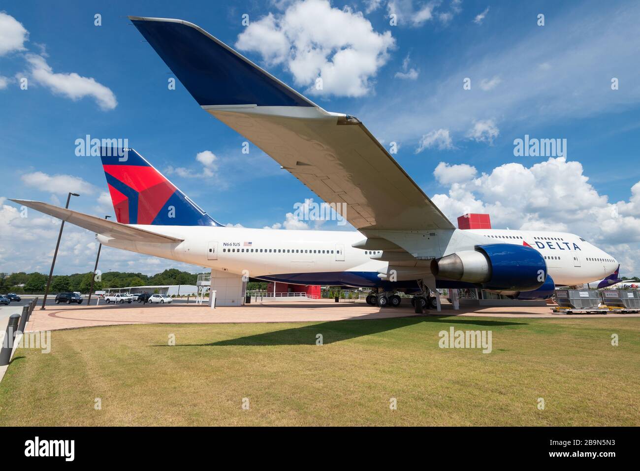 Delta Airlines Boeing 747 preserved at the Delta Flight Museum. This was the first B747-400 ever produced. Wide angle sowing winglet of N661USD. Stock Photo