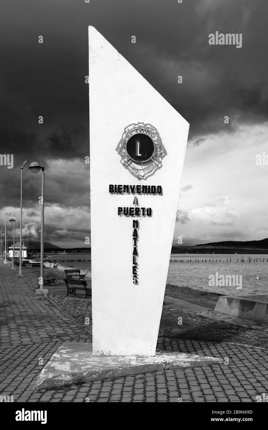 The Puerto Natales city sign, Patagonia, Chile, South America Stock Photo