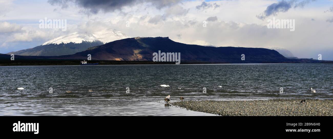 View of Cerro Monumento Moore, Gulf of Admiral Montt, Puerto Natales city, Patagonia, Chile, South America Stock Photo