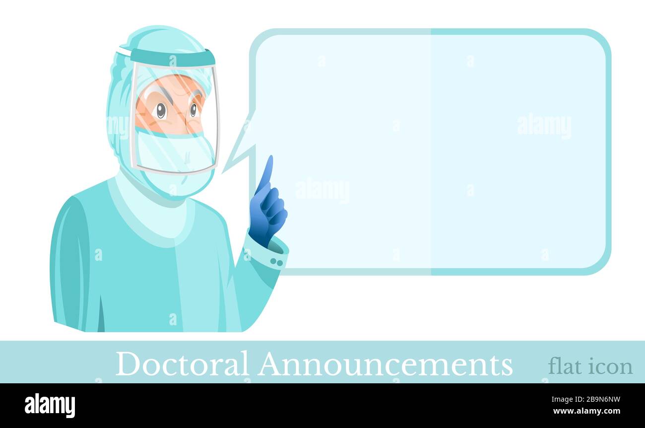 Flat vector illustration. Doctor clothed in protection suit and glass mask with big square speech bubble beside, Stock Vector