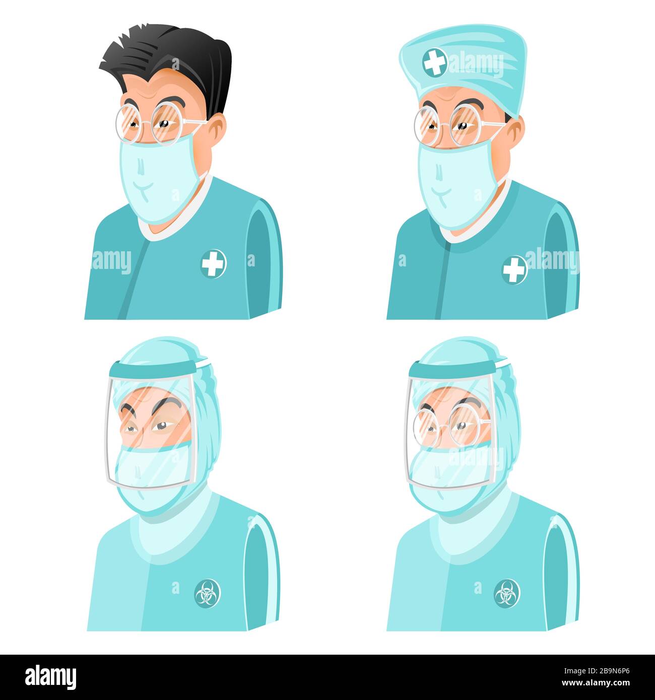 Four chinese doctors or scientists clothed in different chemical or virus protection suit and masks. Stock Vector