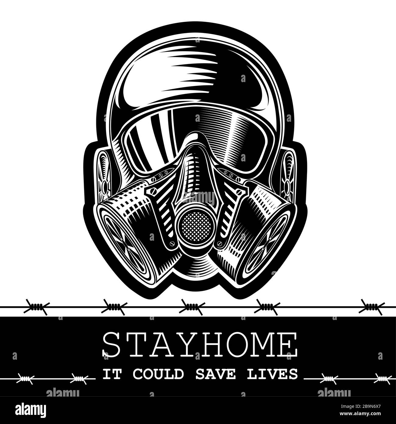 Gas mask in center on white and announcement beneath. Stay home. It could  save lives Stock Vector Image & Art - Alamy