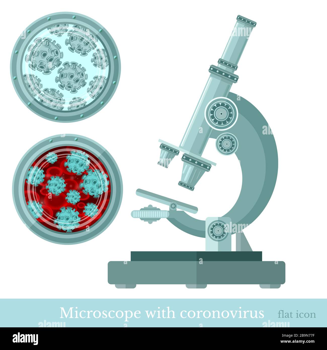 Microscope with coronavirus molecule COVID-19 inside sample blood and germs on white, Stock Vector