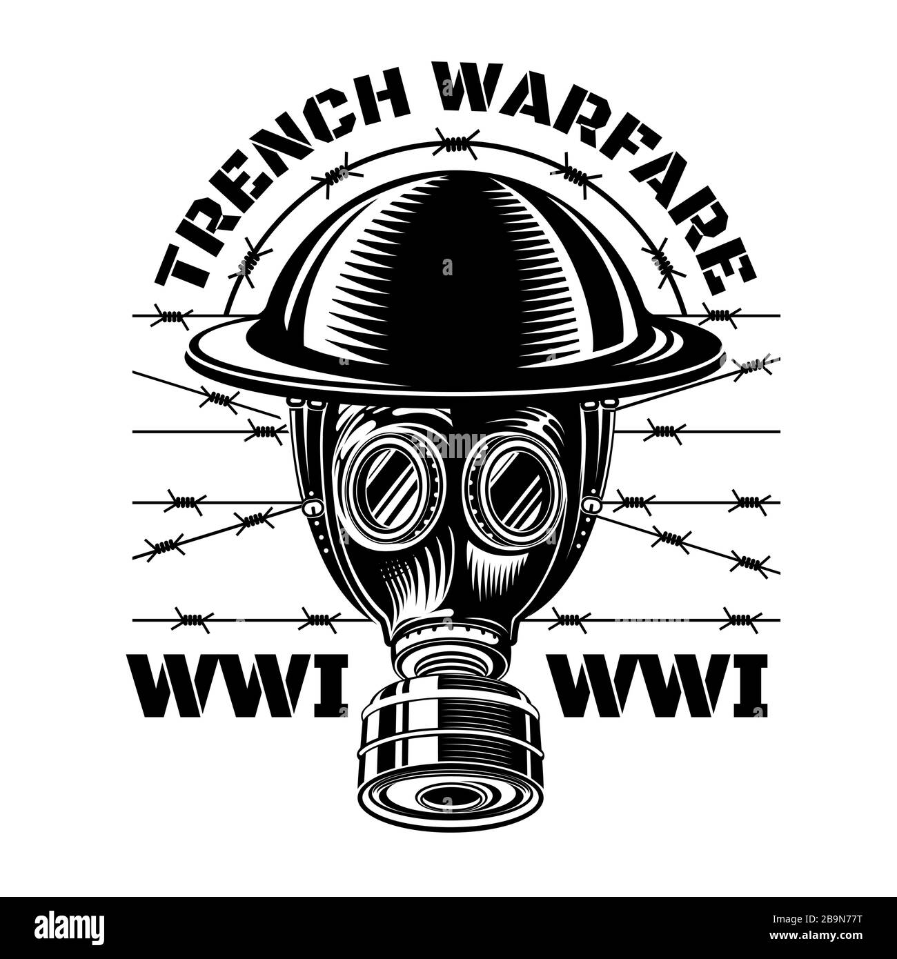 Trench warfare. Gas mask with military helmet of first world war in center of barbed wire. Stock Vector