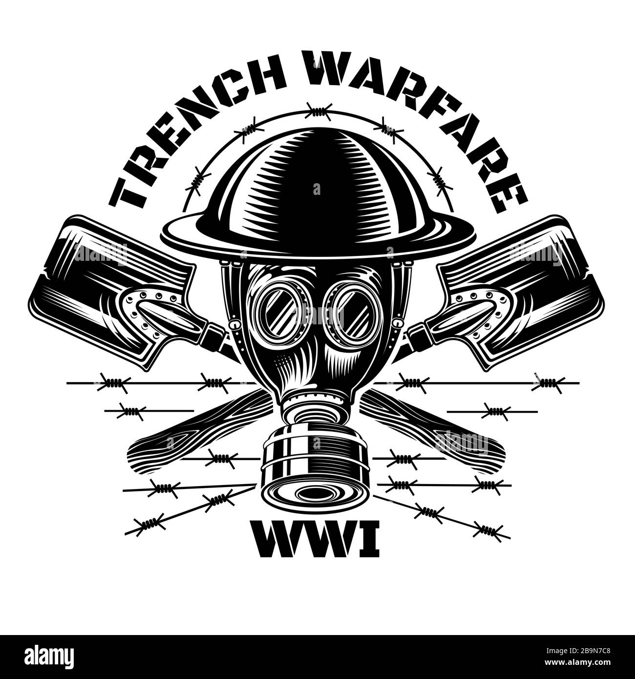 Trench warfare. Gas mask and military helmet with crossed trench showels. Stock Vector