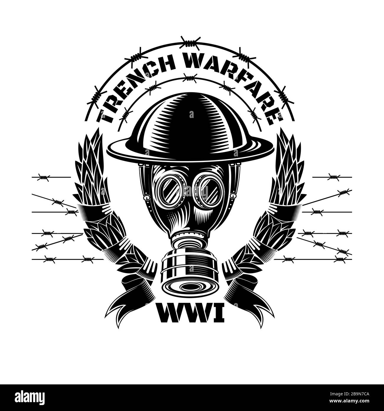 Trench warfare. Gas mask with military helmet of first world war in center of laurel wreath. Stock Vector