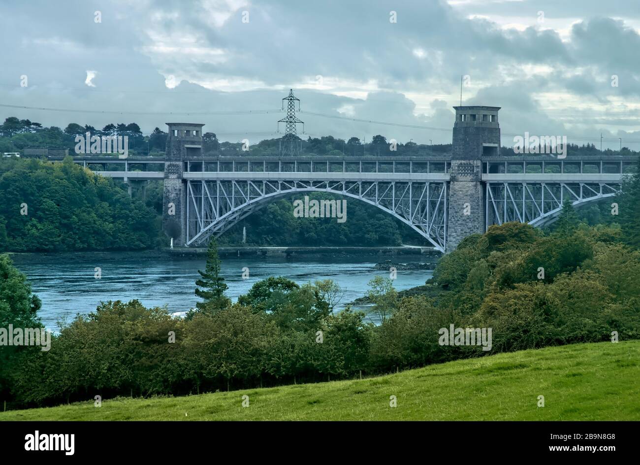 Britannia Bridge, Anglesey - North Wales. Stock Photo