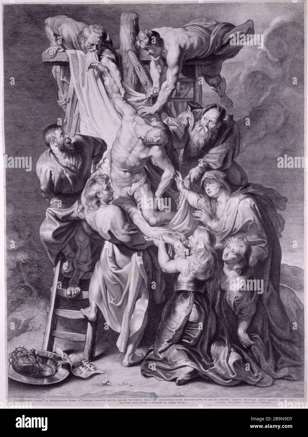 THE GREAT CROSS DOWNHILL Lucas Vorsterman (1595-1675). 'La Grande descente de croix', gravure d'après l'oeuvre de Pierre-Paul Rubens (1577-1640), conservée dans la cathédrale Notre-Dame d'Anvers. Musée des Beaux-Arts de la Ville de Paris, Petit Palais. Stock Photo