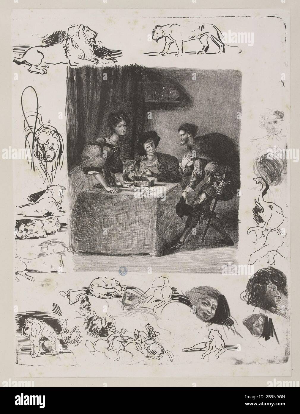 FAUST - MEPHISTOPHELES OCCURS AT MARTHA - DELTEIL Strauber-66 Eugène Delacroix (1798-1863). 'Méphistophélès se présente chez Marthe'. Lithographie sur vélin. Musée des Beaux-Arts de la Ville de Paris, Petit Palais. Stock Photo