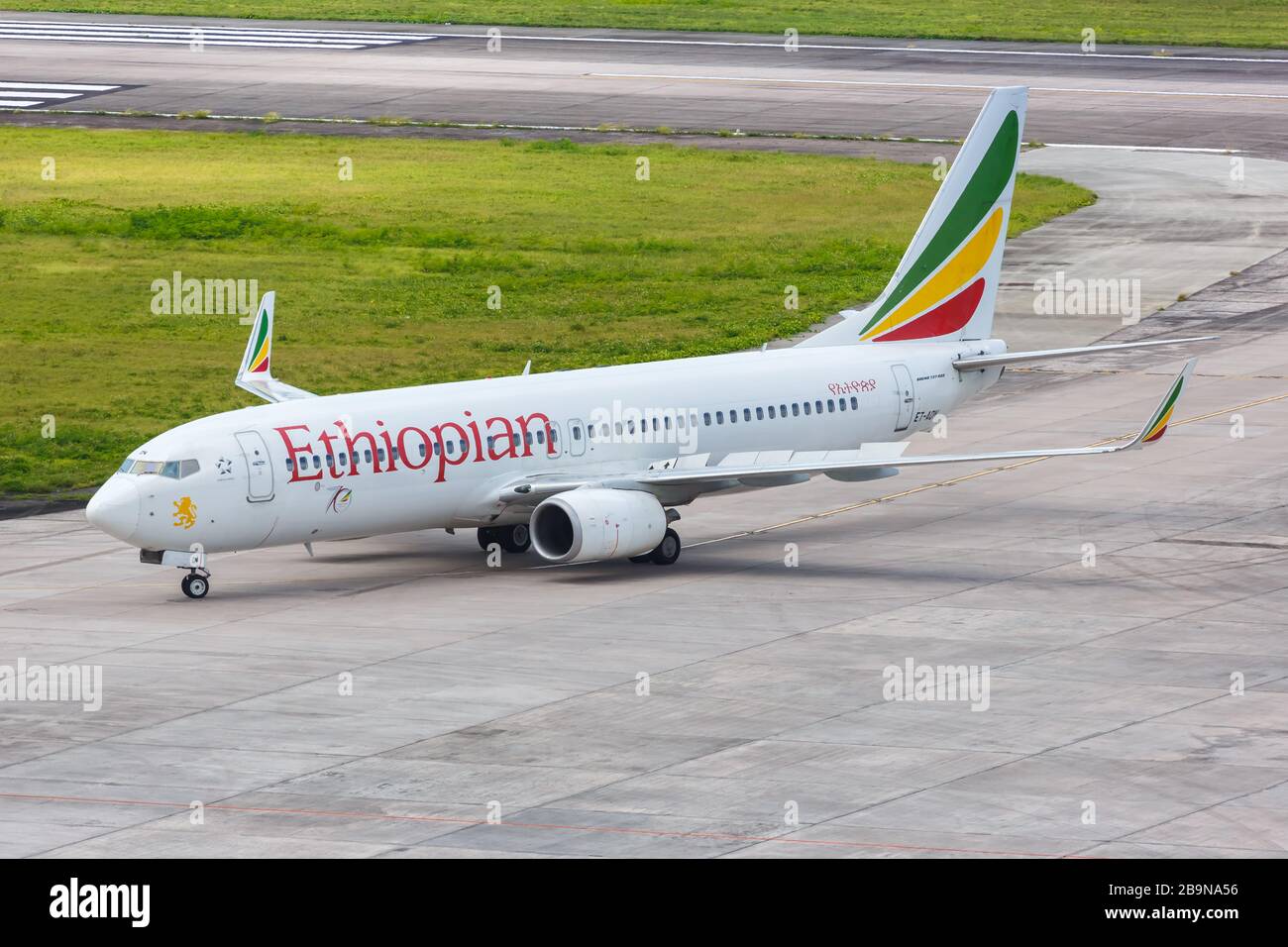 Mahe, Seychelles – February 8, 2020: Ethiopian Boeing 737-800 airplane at Mahe airport (SEZ) in the Seychelles. Boeing is an American aircraft manufac Stock Photo