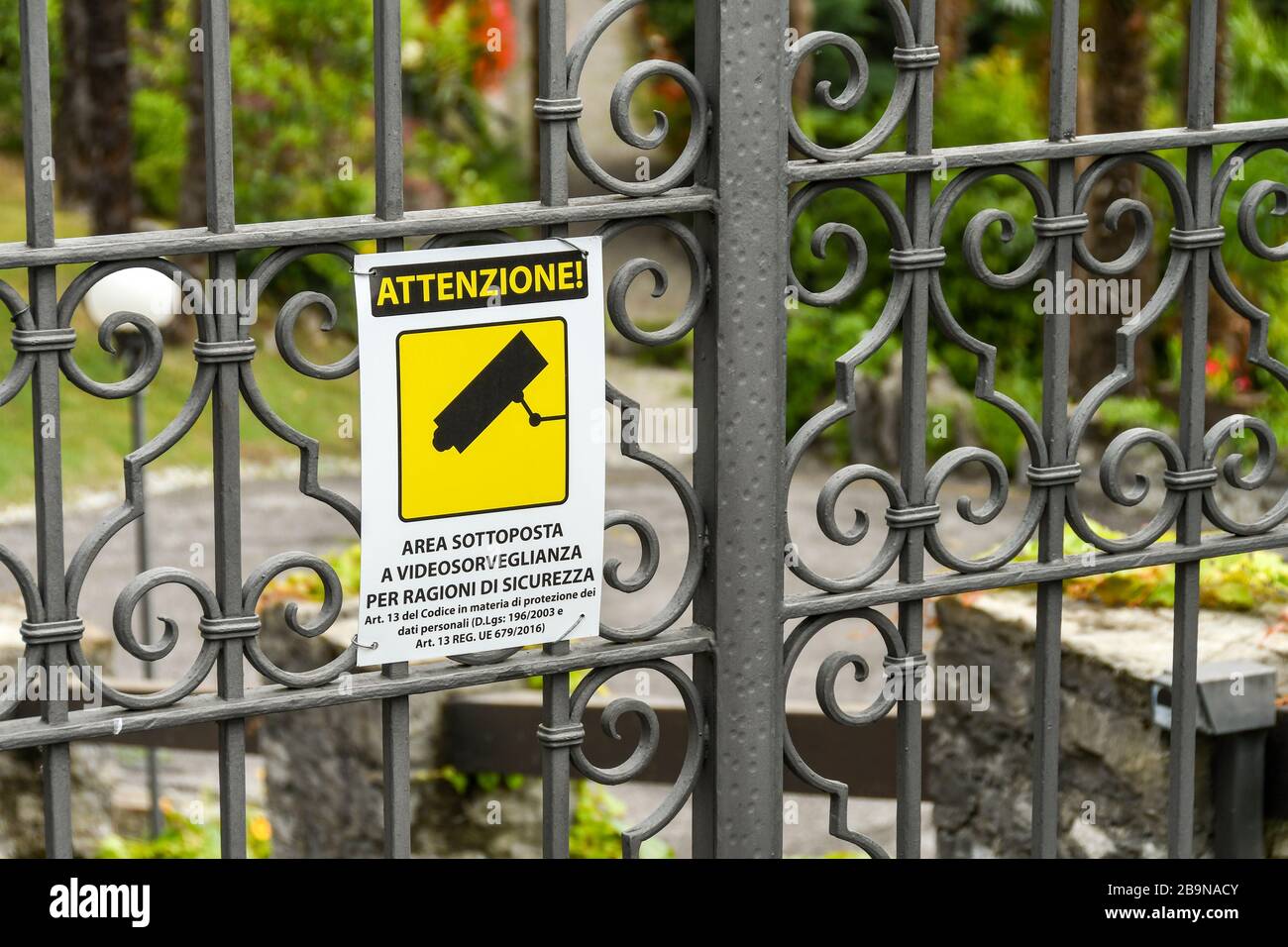 MENAGGIO, LAKE COMO, ITALY - JUNE 2019: CCTV sign on the gate of a residential property near Mennagio on Lake Como Stock Photo