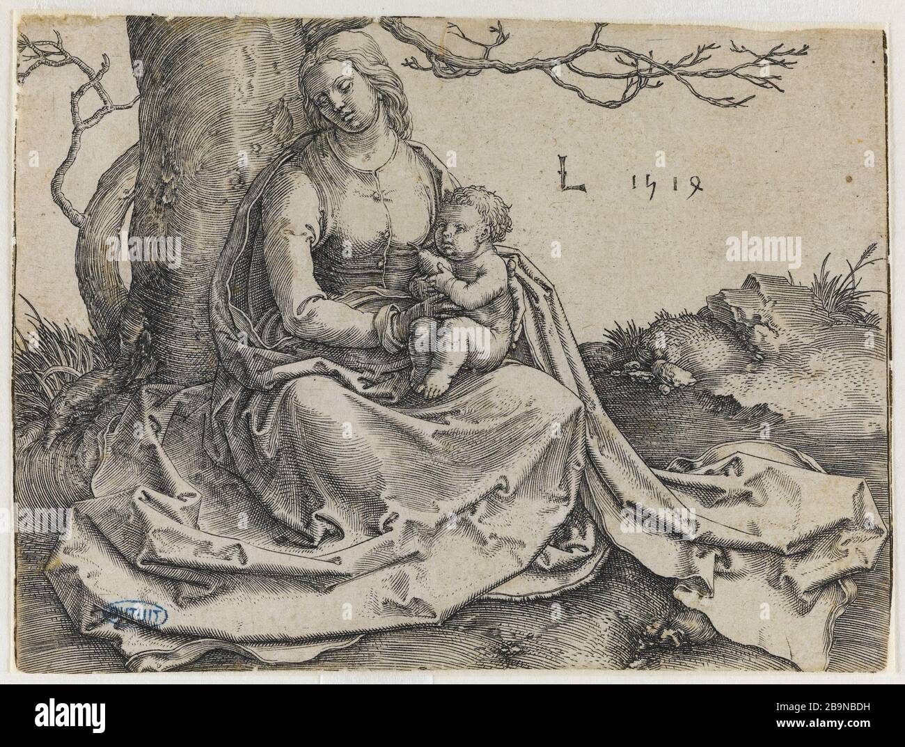 Virgin and Child seat in front of a tree - Bartsch 83 Lucas de Leyde (1494-1533). 'La Vierge à l'Enfant assise au pied d'un arbre' - Bartsch 83. Burin. 1523. Musée des Beaux-Arts de la Ville de Paris, Petit Palais. Stock Photo