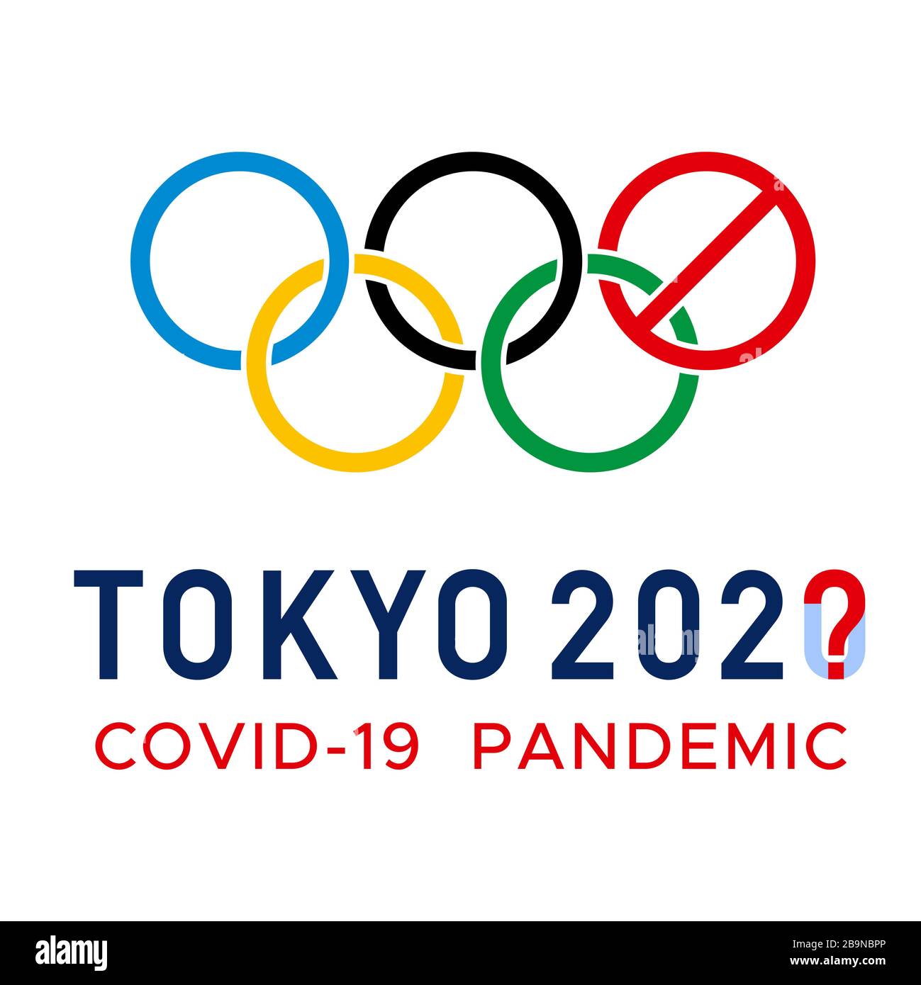 COVID-2019 in Tokyo 2020 Olympics logo. Cancelled Stock Photo