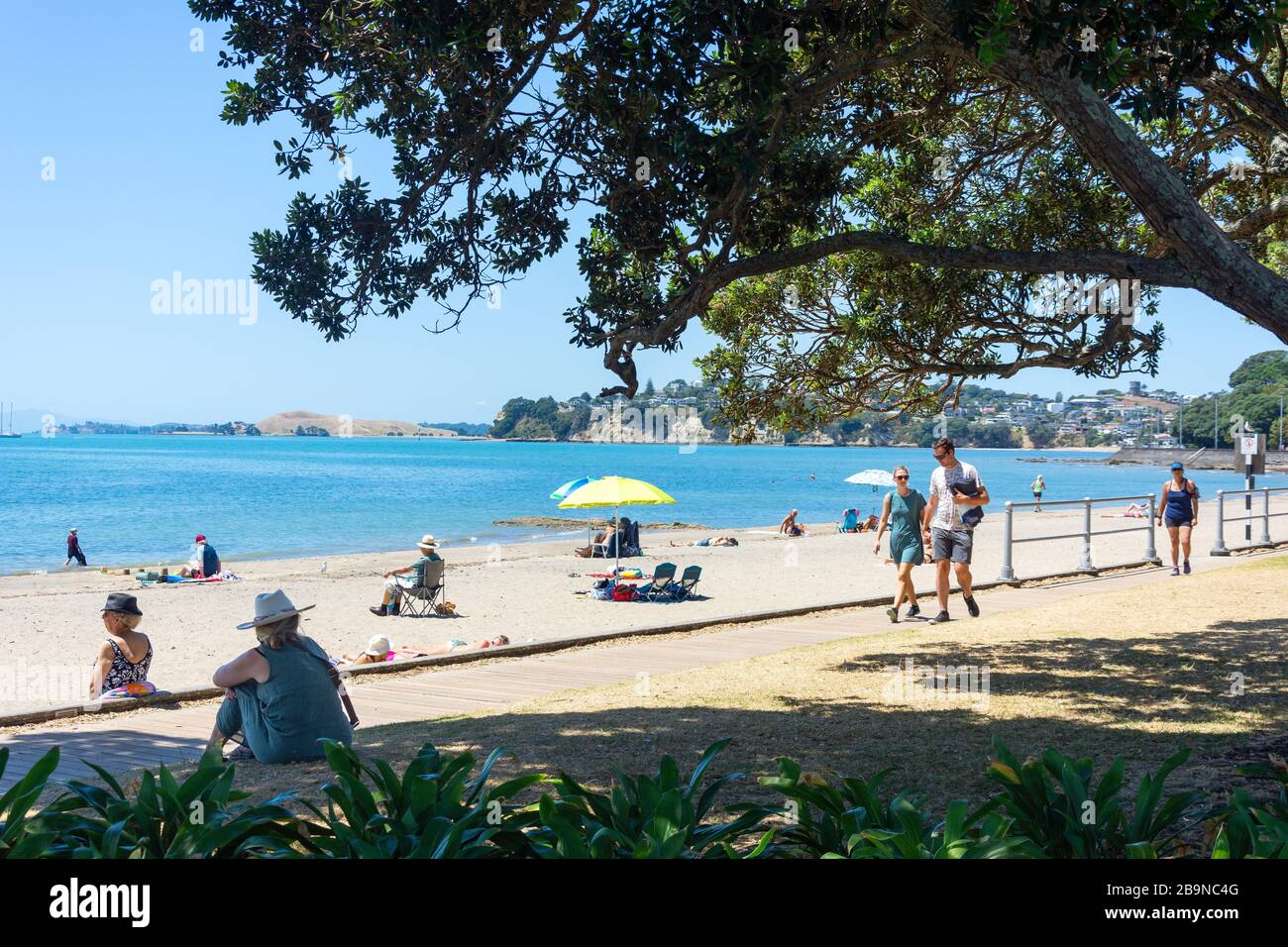 The boardwalk and beach, Kohimarama Beach, Tamaki Drive, Kohimarama, Auckland, New Zealand Stock Photo