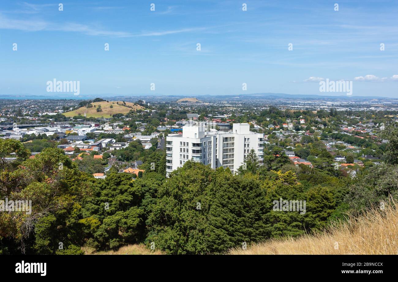Mount Hobson (Ohinerau) and Epsom suburb from Mount Eden summit, Mt Eden, Auckland, New Zealand Stock Photo
