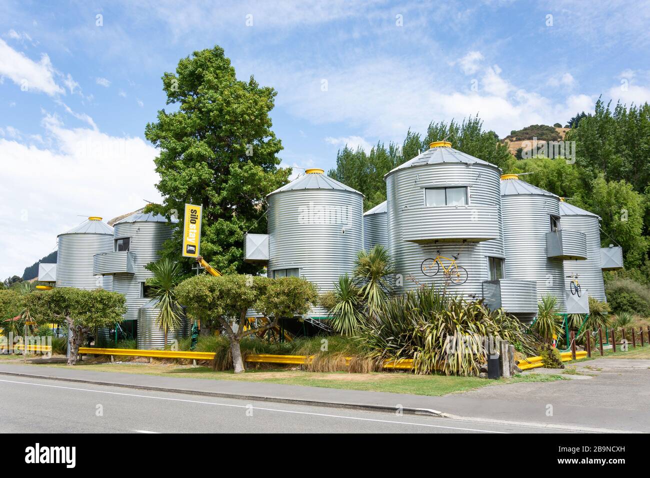 SiloStay grain silo accommodation, State Highway 75, Little River,  Banks Peninsula, Canterbury Region, South Island, New Zealand Stock Photo