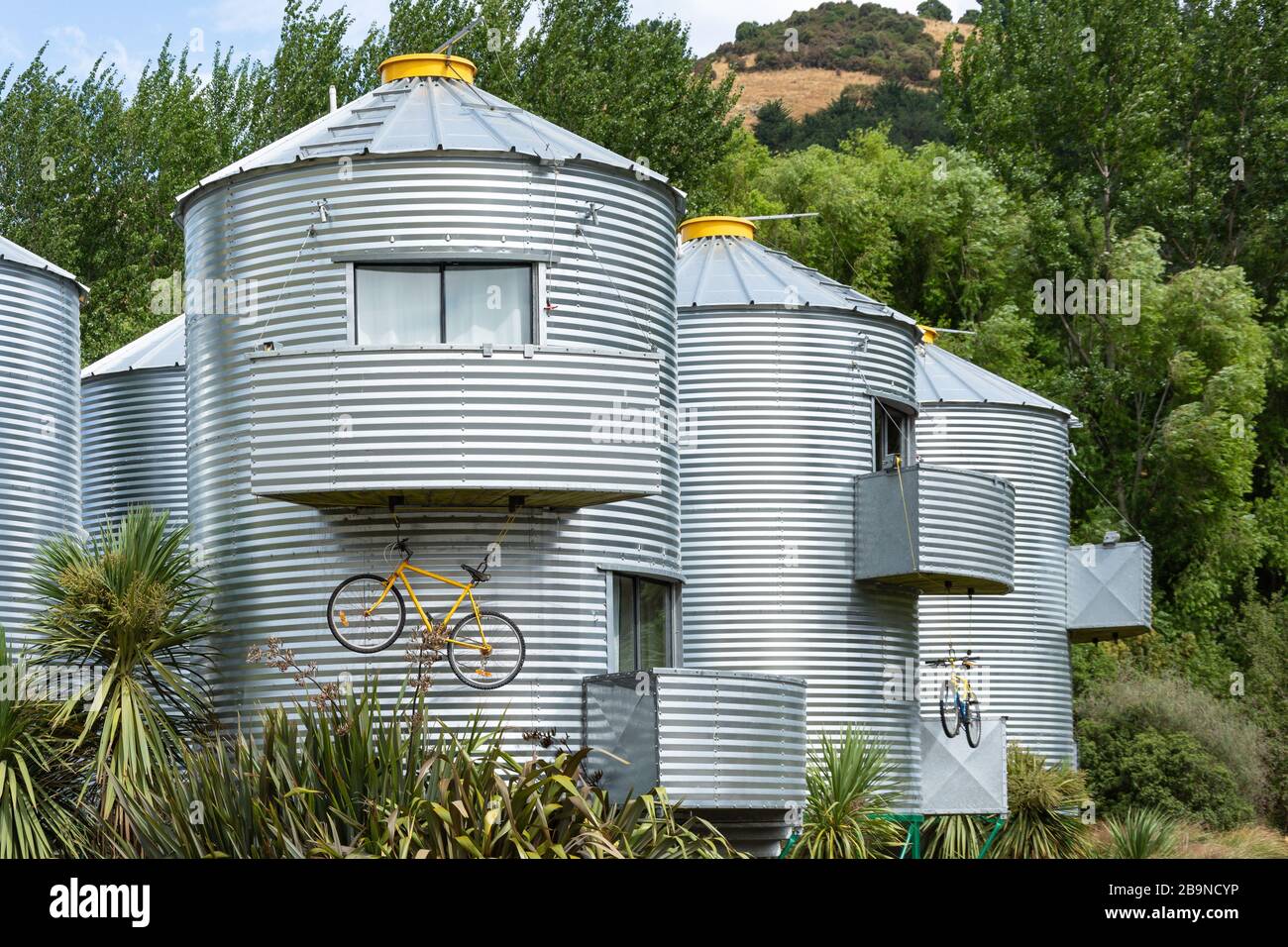 SiloStay grain silo accommodation, State Highway 75, Little River,  Banks Peninsula, Canterbury Region, South Island, New Zealand Stock Photo