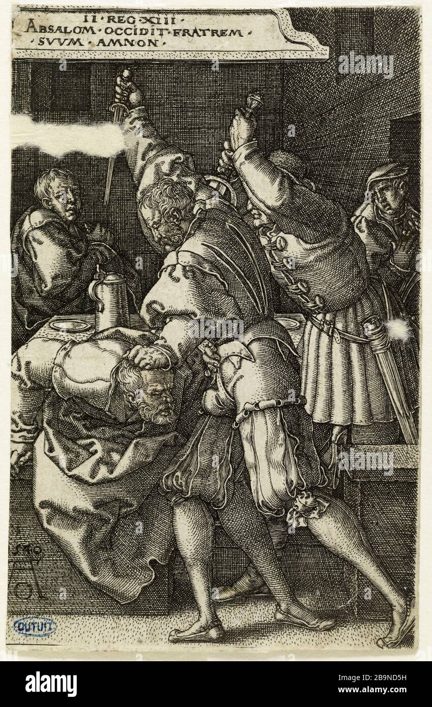 History of Ammon and Thamar 6: Absalon kill Ammon (Hollstein 27) Heinrich Aldegrever (ou Aldegrever - 1502-V.1555/1561). Histoire d'Ammon et de Thamar n°6 : Absalon tue Ammon (Hollstein 27). Burin, 1540. Musée des Beaux-Arts de la Ville de Paris, Petit Palais. Stock Photo