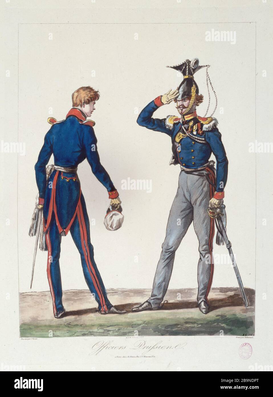 Prussian officers Philibert-Louis Debucourt (1755-1832), d'après Carle Vernet (1758-1836). 'Officiers prussiens'. Gravure (aquatinte coloriée), 1815. Paris, musée Carnavalet. Stock Photo