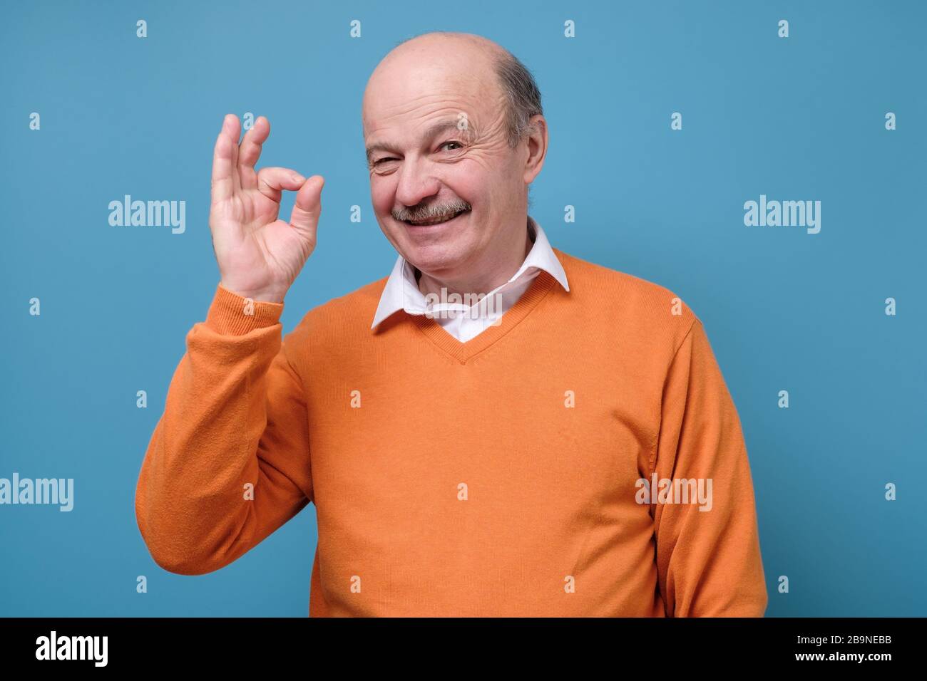 Senior spanish man showing OK sign approving choice. Stock Photo