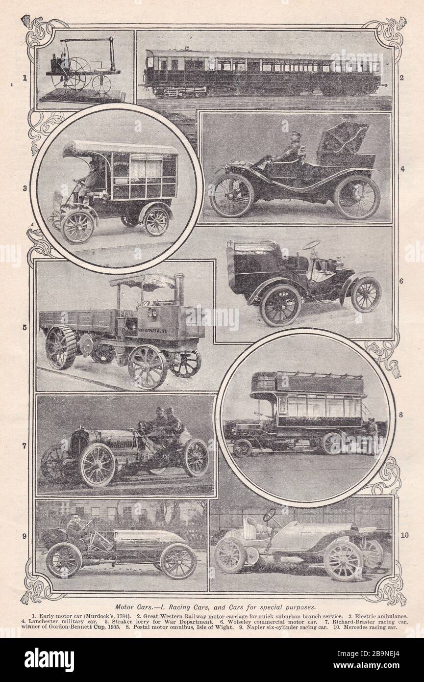 Vintage black and white photos of Motor Cars - Racing Cars and Cars for Special Purposes 1900s. Stock Photo
