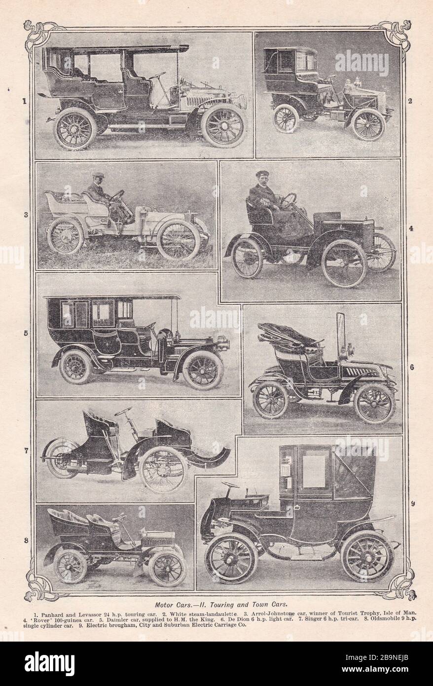 Vintage black and white photos of Touring and Town Cars 1900s. Stock Photo