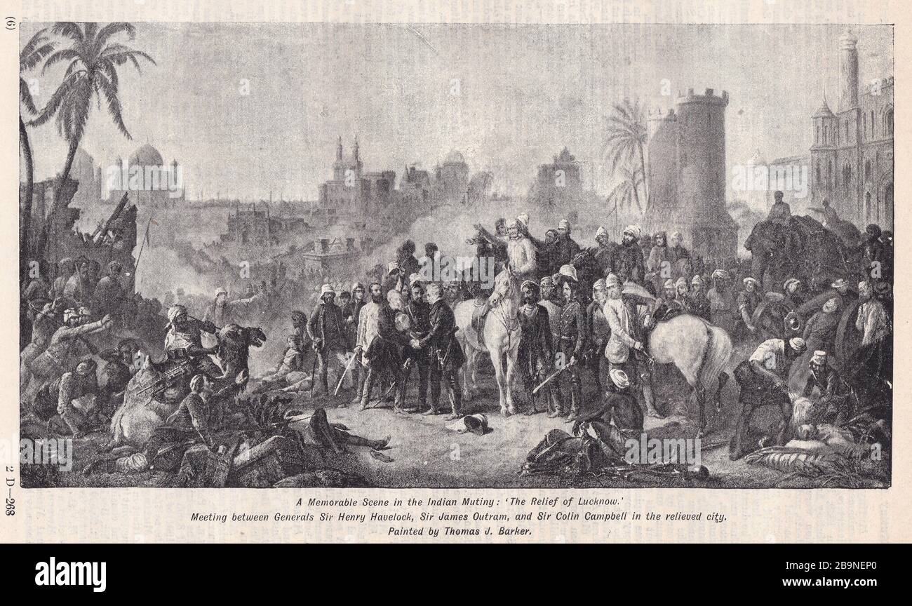 The Relief of Lucknow by Thomas J Barker - Meeting between Generals Sir Henry Havelock, Sir James Outram, and Sir Colin Campbell in the relieved City. Stock Photo