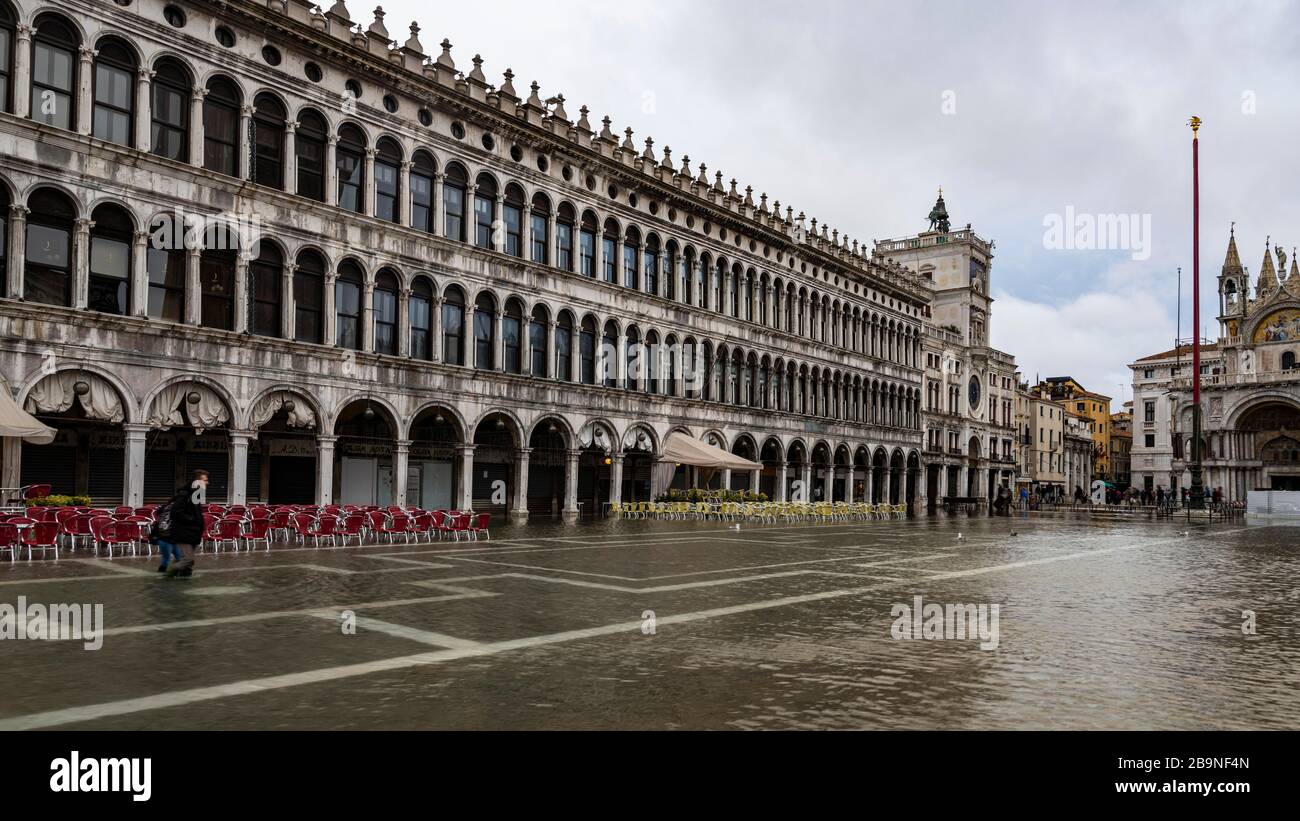St Mark's Square is almost deserted near Acqua alta, Venice, Veneto, Italy Stock Photo