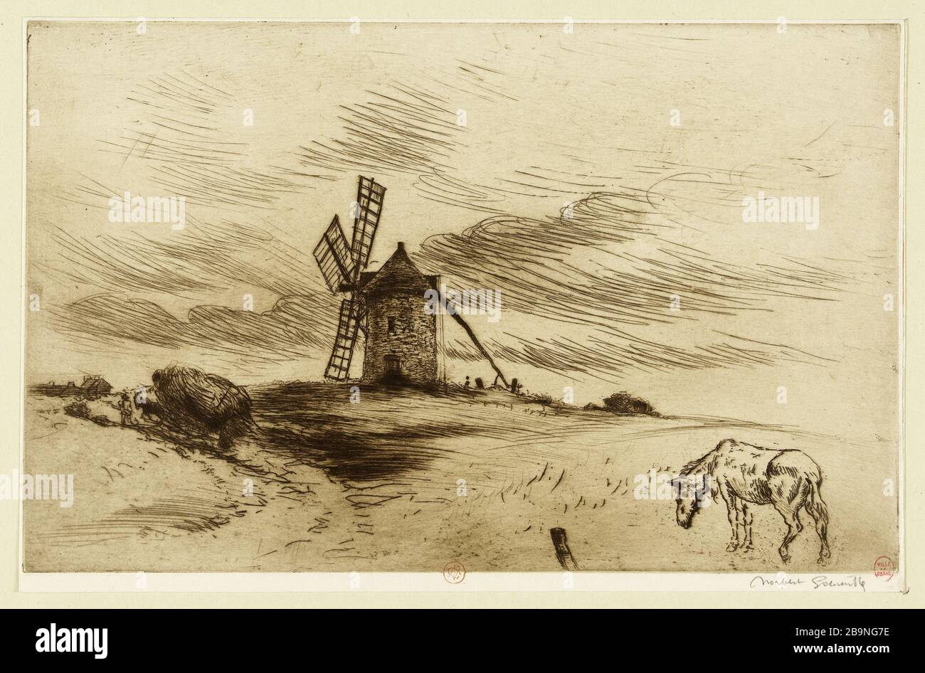 The mill of Saint-Jacut-de-la-Mer Norbert Goeneutte (1854-1894). 'Le moulin de Saint-Jacut-de-la-Mer'. eau-forte, pointe sèche, tirage en bistre. Paris, musée Carnavalet. Stock Photo