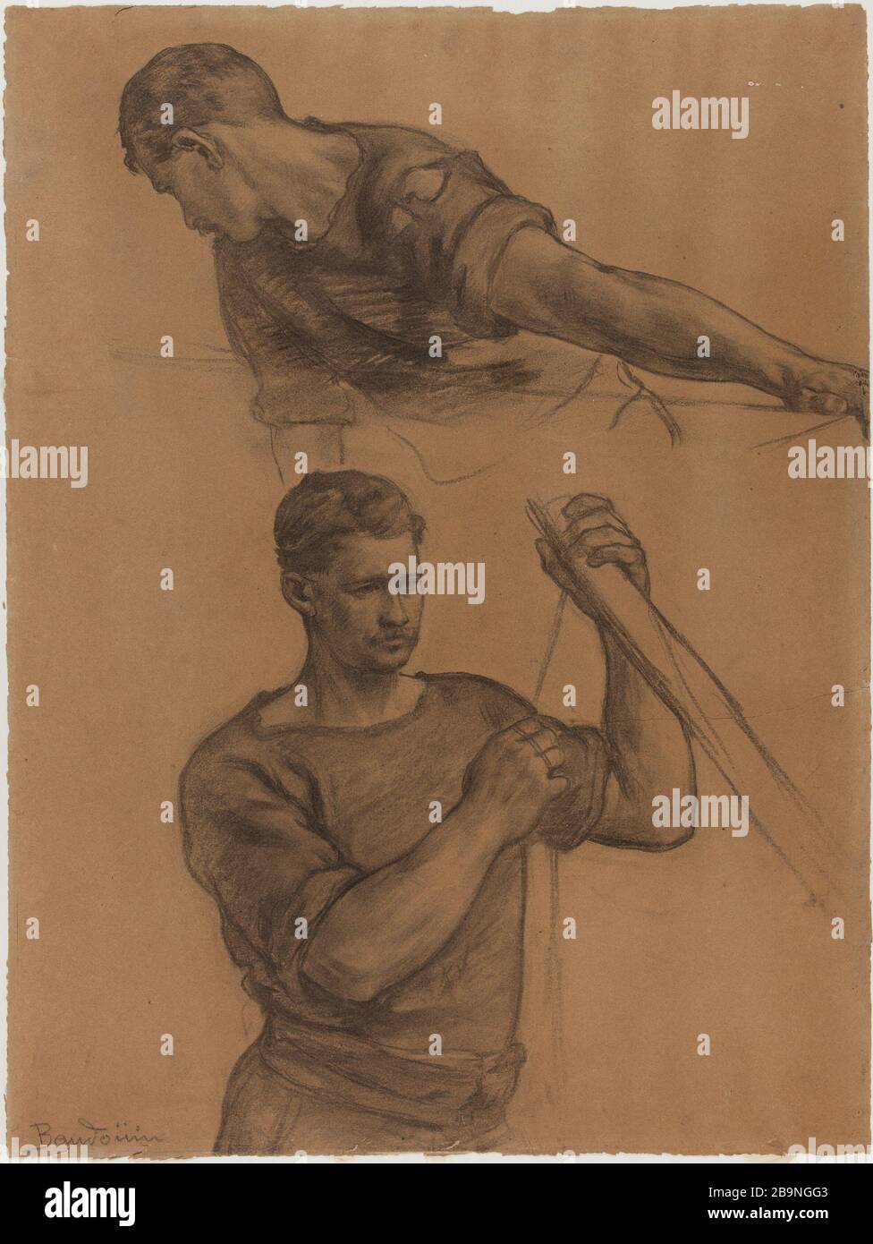 two workers Paul-Albert Baudouin (1844-1931). Deux ouvriers. Crayon noir sur papier beige. Musée des Beaux-Arts de la Ville de Paris, Petit Palais. Stock Photo