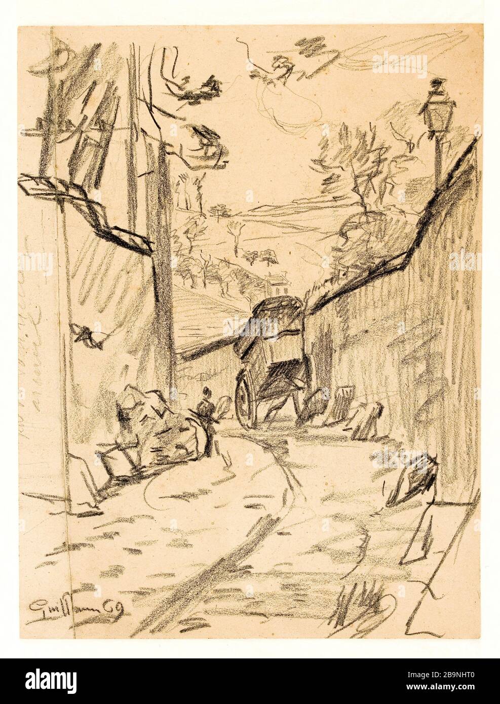 CART IN A LANE ROTATING (ARCUEIL) Armand Guillaumin (1841-1927). 'Charrette dans une ruelle tournante (Arcueil)'. Crayon noir sur papier fort, 1869. Musée des Beaux-Arts de la Ville de Paris, Petit Palais. Stock Photo