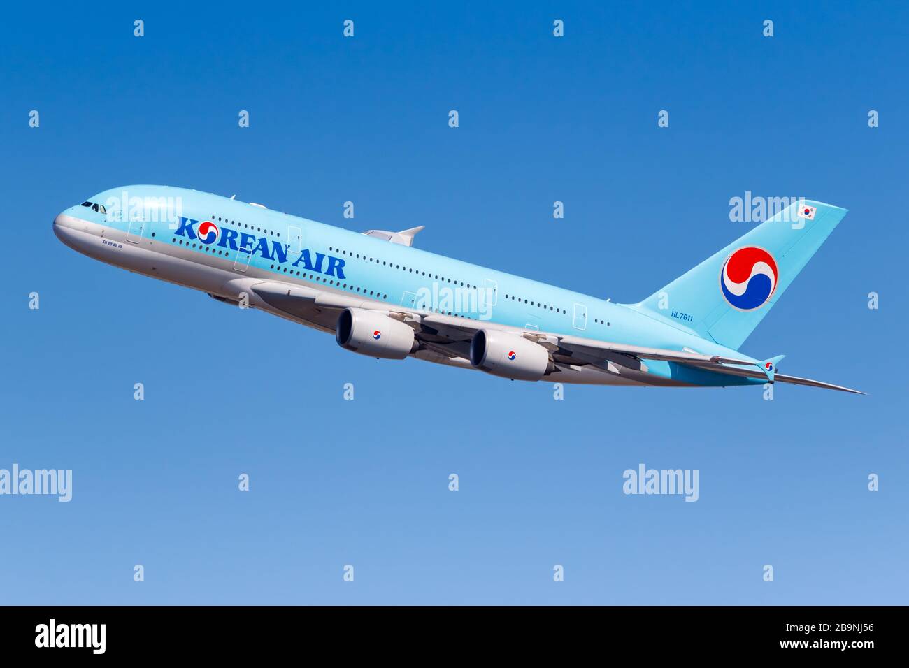 New York City, New York – March 1, 2020: Korean Air Airbus A380-800 airplane at New York JFK airport (JFK) in New York. Airbus is a European aircraft Stock Photo