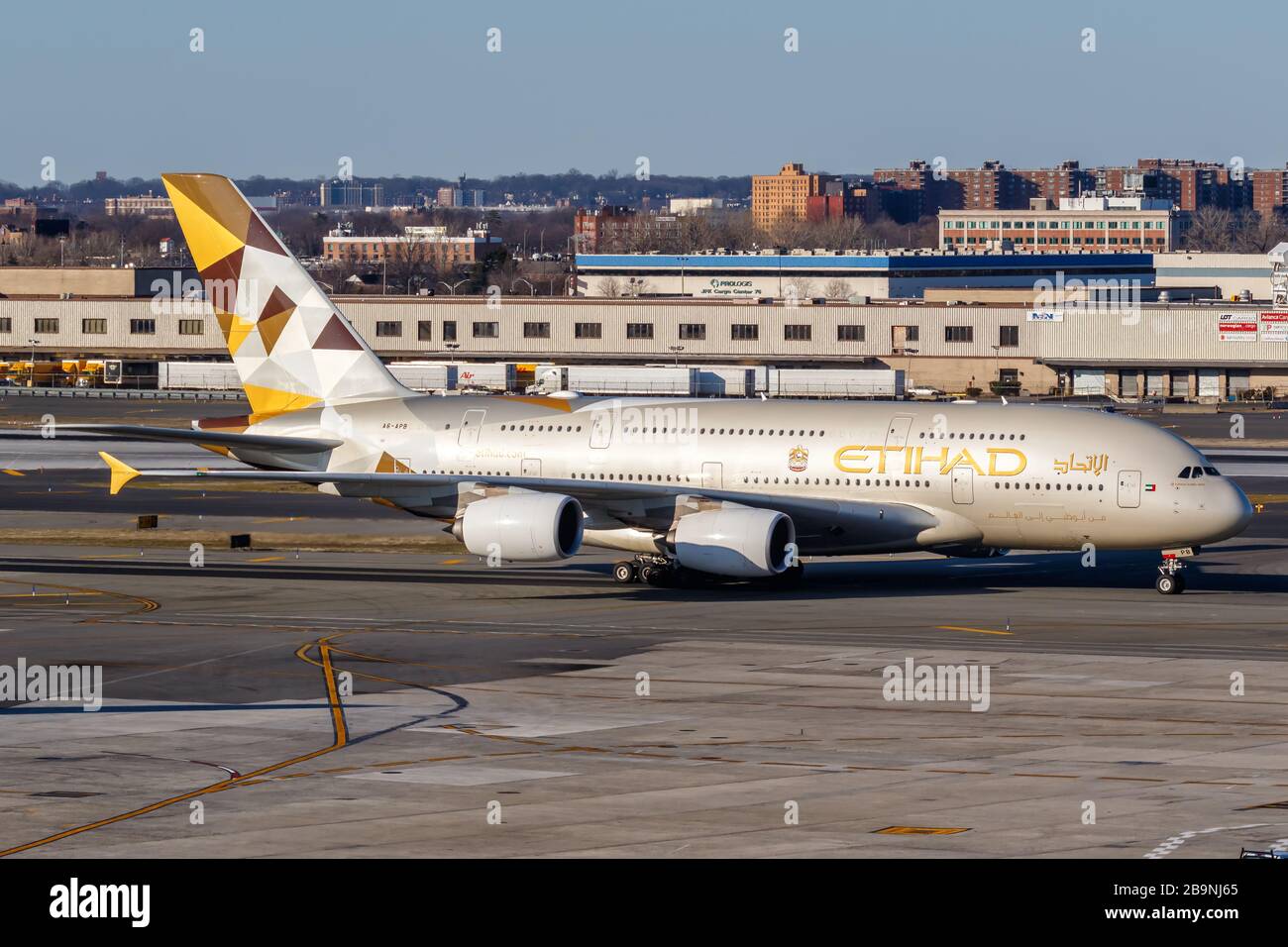New York City, New York – March 1, 2020: Etihad Airways Airbus A380-800 airplane at New York JFK airport (JFK) in New York. Airbus is a European aircr Stock Photo