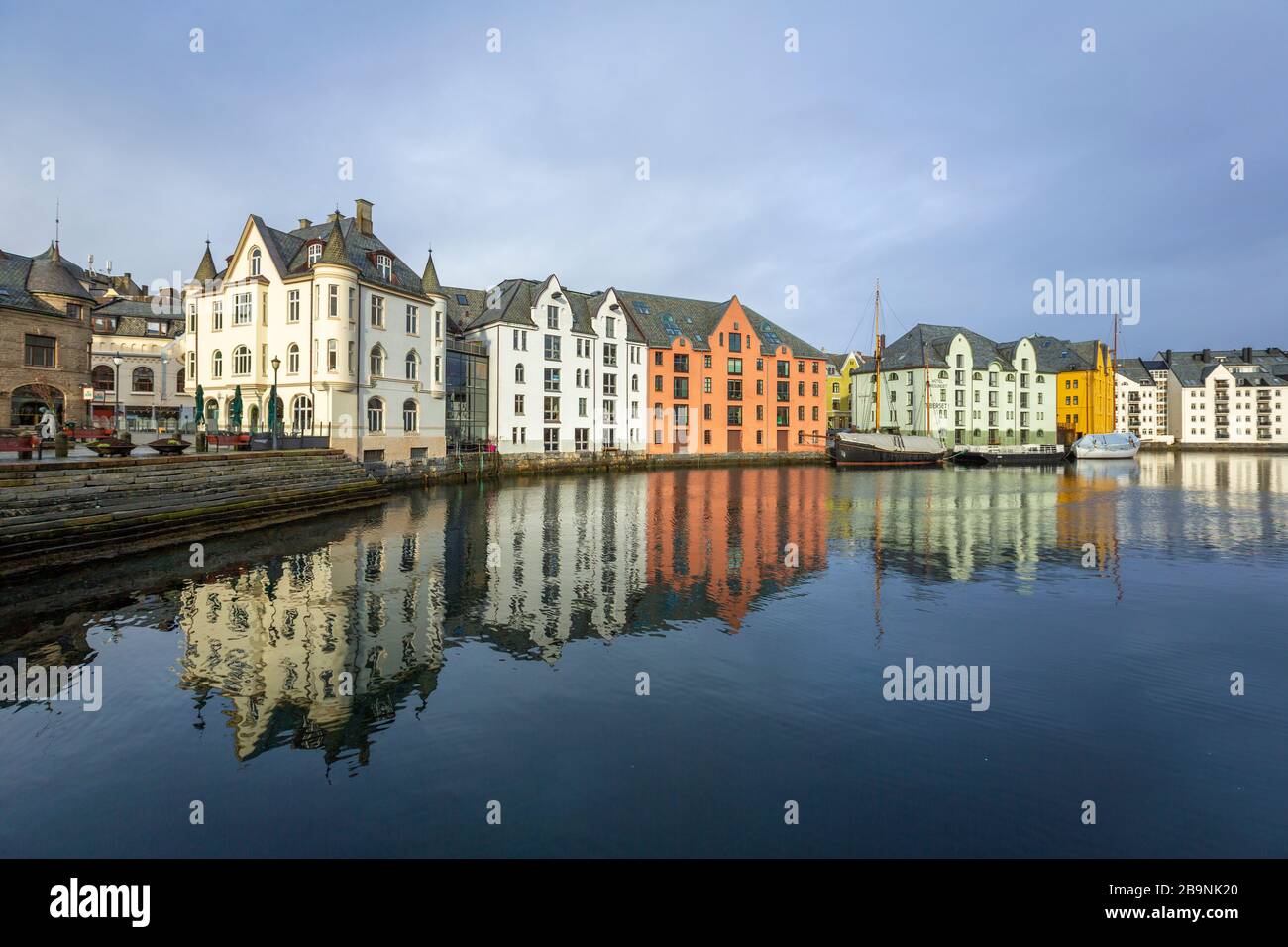 Art nouveau houses in the wonderful town Alesund at the Norwegian Sea Stock Photo