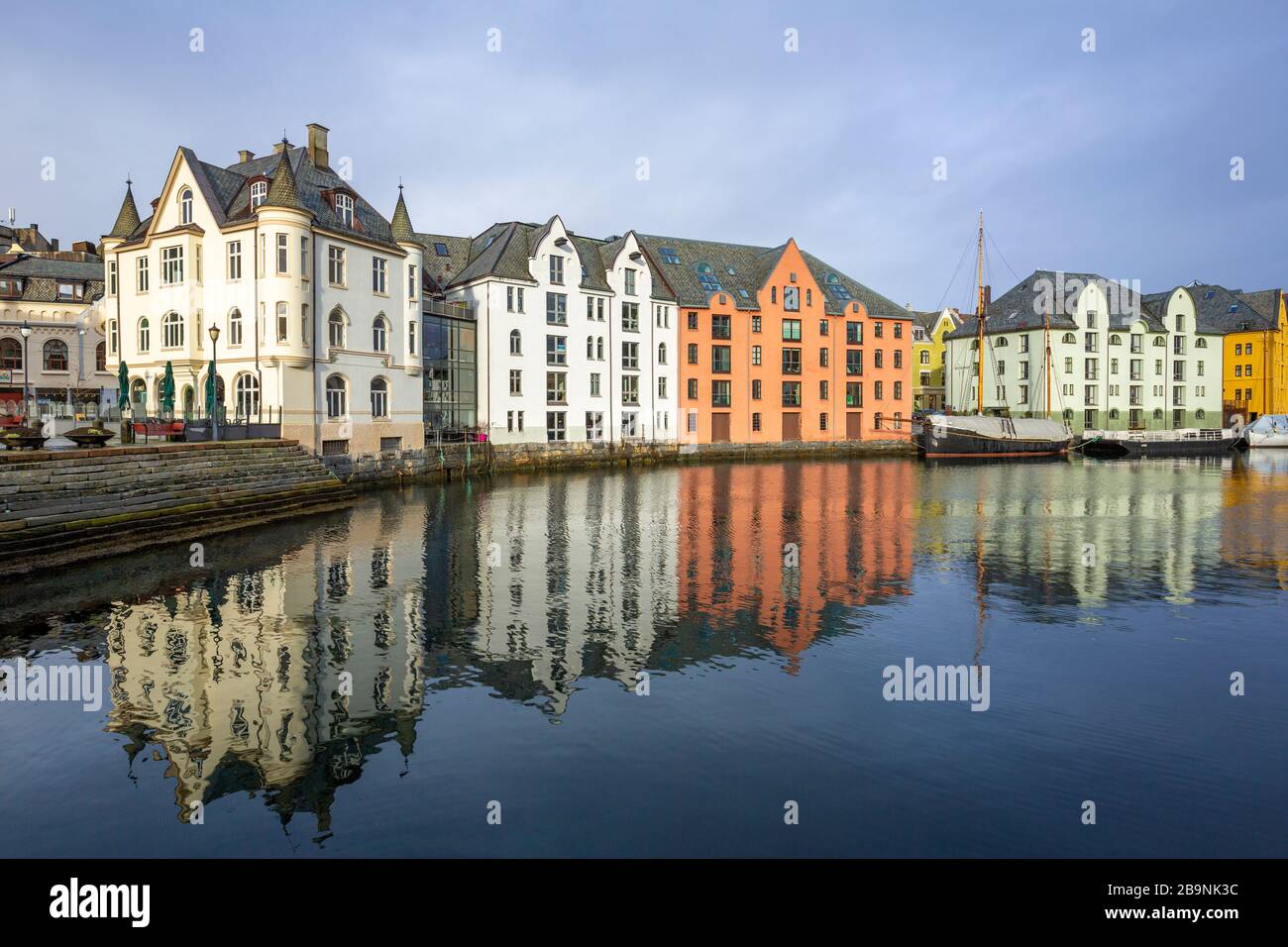 Art nouveau houses in the wonderful town Alesund at the Norwegian Sea Stock Photo