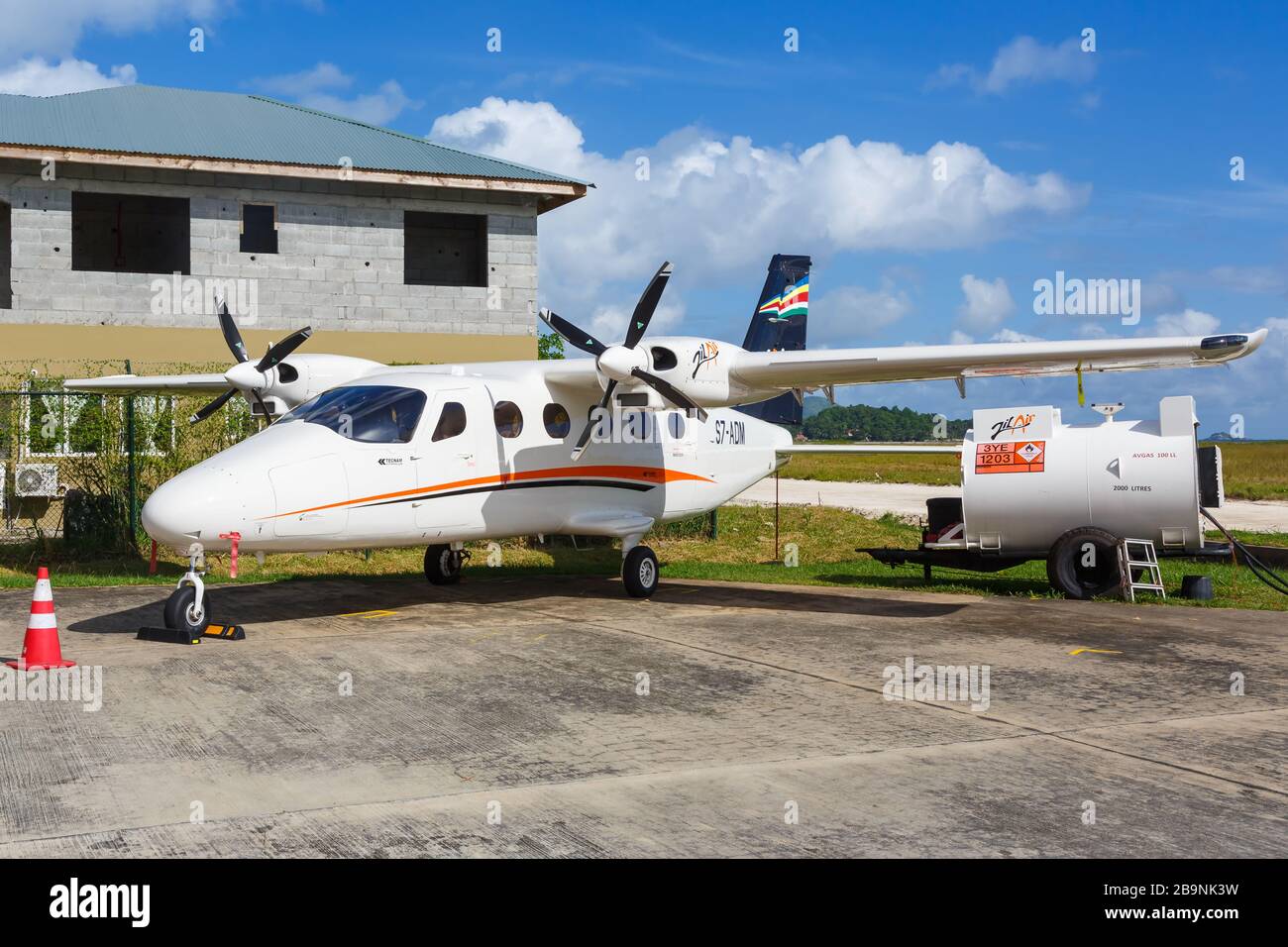 Mahe, Seychelles – February 8, 2020: Zil Air Tecnam P2012 airplane at Mahe airport (SEZ) in the Seychelles. Stock Photo