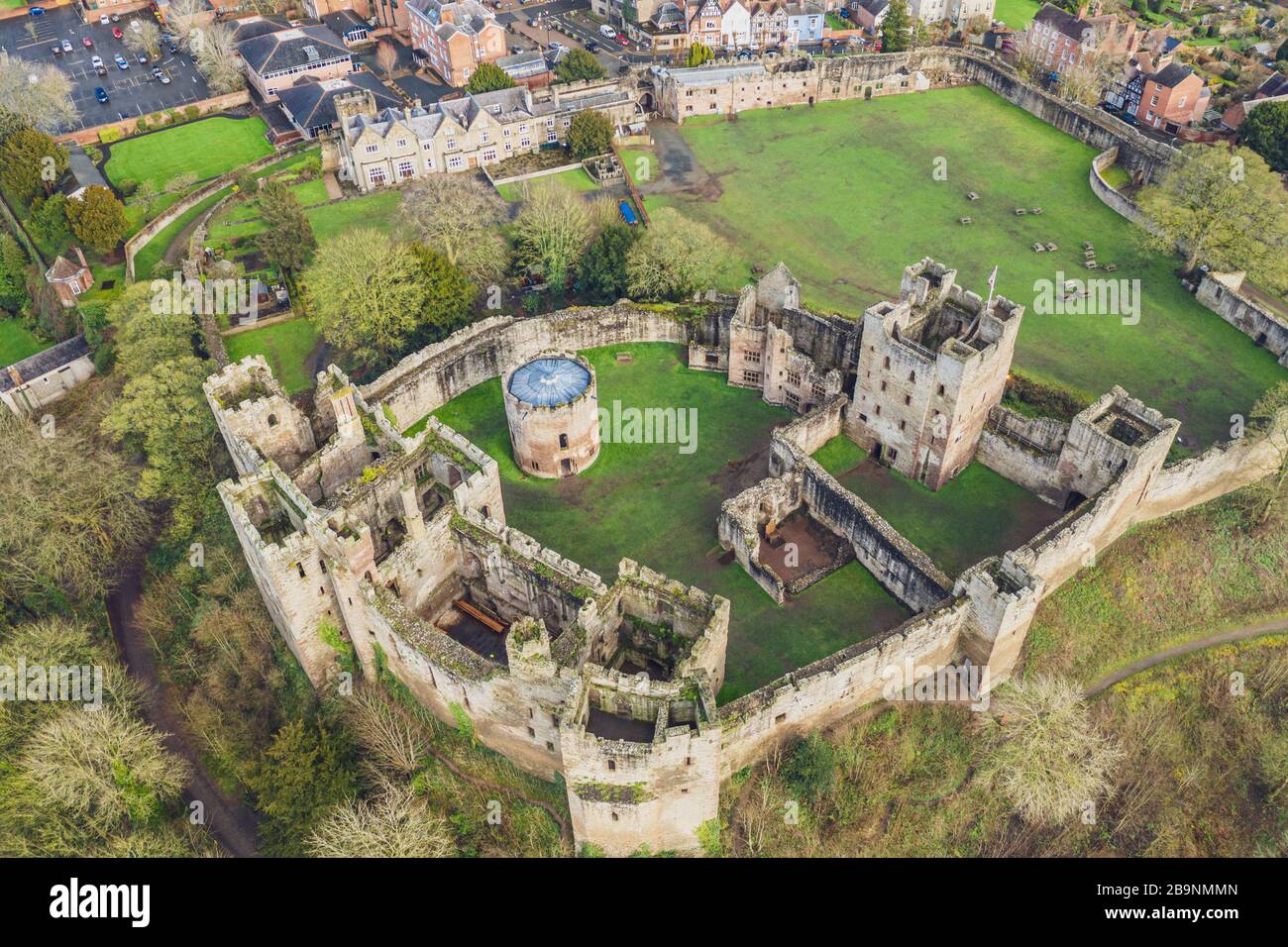 Top down aerial view over ruins of medieval fortification - Ludlow Castle  in Shropshire, UK Stock Photo - Alamy