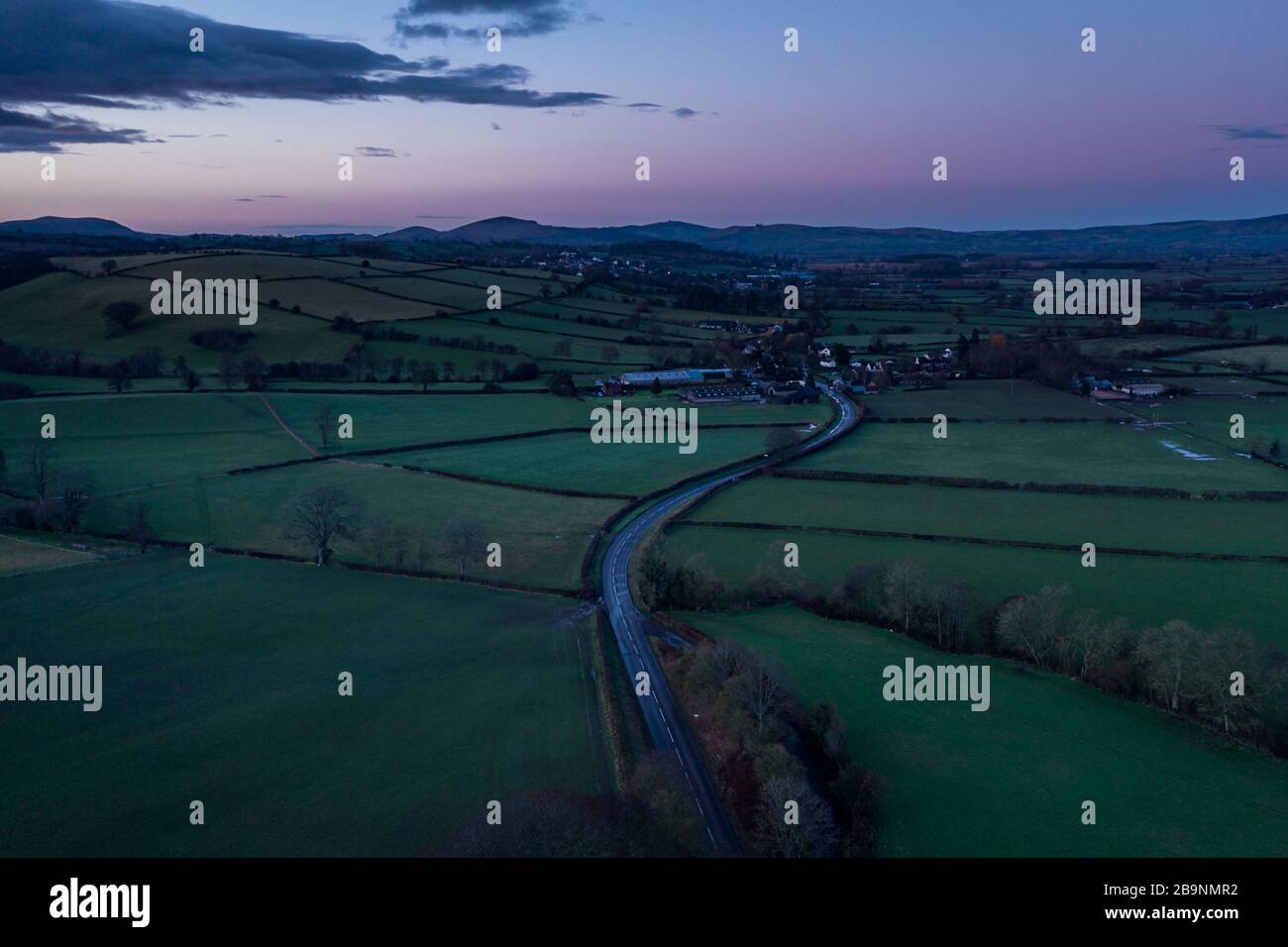 Aerial view over scenic countryside at sunset in Shropshire ,United Kingdom Stock Photo