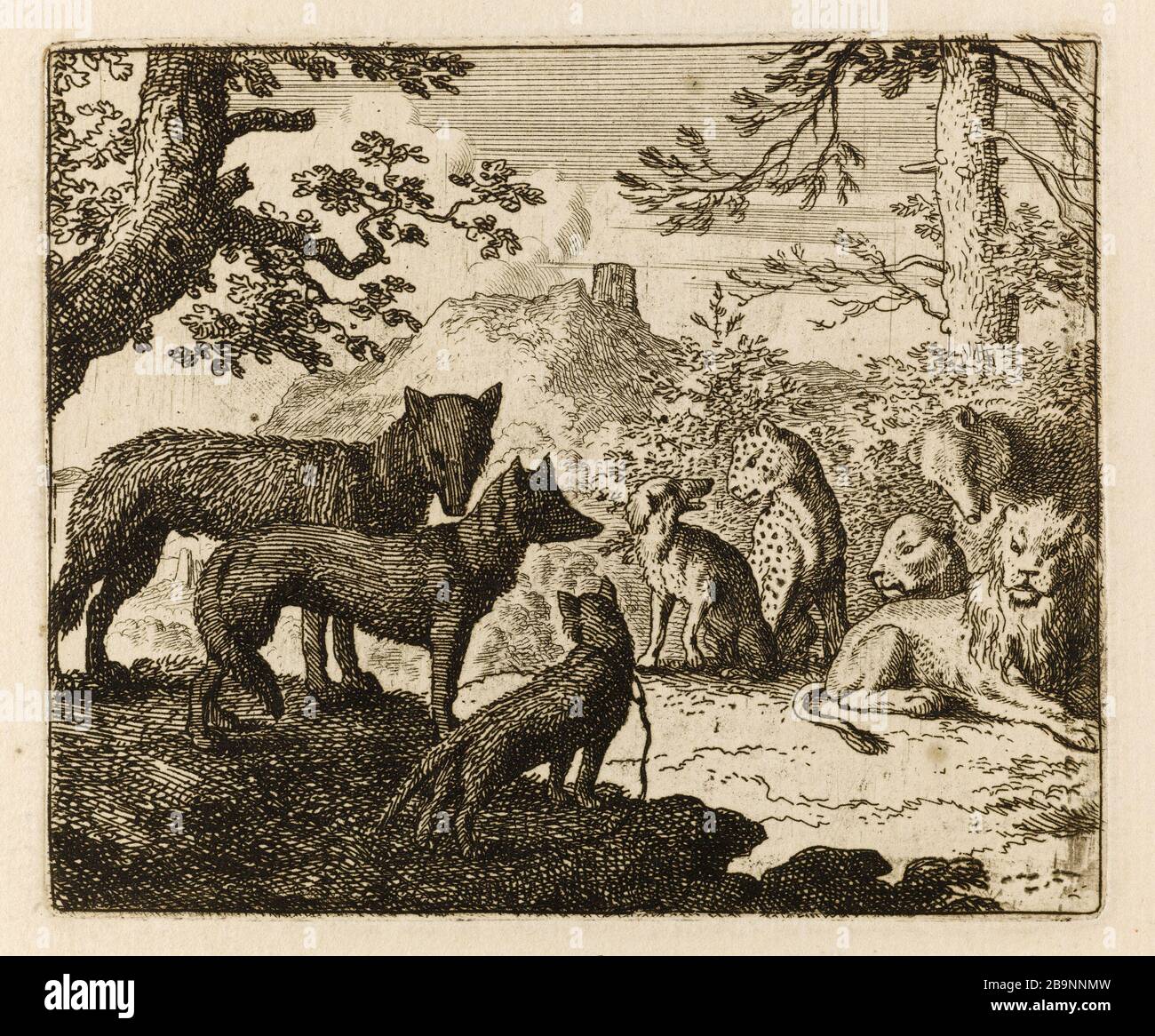 Le Roman de Renard: 25- The Fox Parents convicted light and ready to walk to execution request to withdraw from the court (Bartsch 25) Allart van Everdingen (1621-1675). Le Roman de Renard : 25- Les Parents du renard le voyant condamné et prêt à marcher au supplice demandent à se retirer de la cour (Bartsch 25). Eau-forte sur papier, 1650-1655. Musée des Beaux-Arts de la Ville de Paris, Petit Palais. Stock Photo