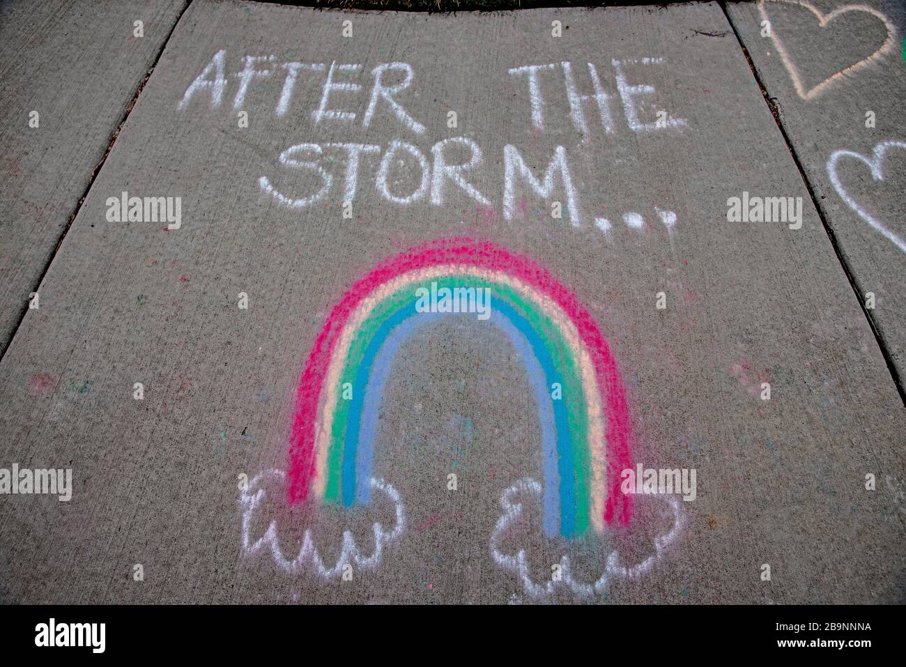 South Jordan, Utah, USA, March 24, 2020. Children's chalk art during the Covid19 Pandemic