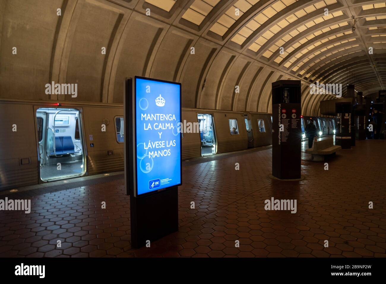 Bethesda, MD, USA. 24th Mar, 2020. Nearly empty metro cars open up as a  sign informing people how to keep safe reads Ã”Stay Calm and Wash Your  HandsÃ• at the Medical Center